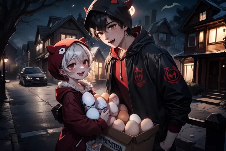 (masterpiece, best quality:1.2), 1boy, (red devil costume:1.2), holding (egg carton:1.1), suburban street, suburban house, Halloween, mischief, night