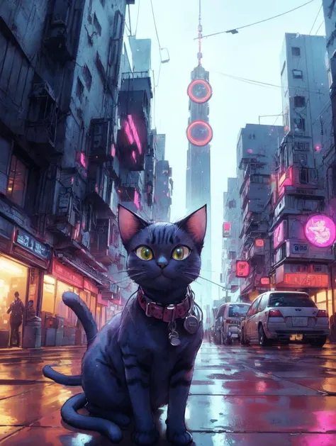cinematic, aesthetic, (masterpiece:1), A ((Extreme Wide Shot of 1cat)), ((look at the camera and act as caster)), cyberpunk city as background