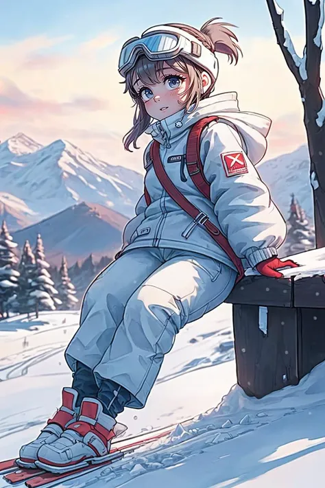 A girl is skiing on a mountain with her family. She is wearing a white jacket and pants, and she has a helmet and goggles on her head. She is adventurous and skillful as she slides, turns, and jumps on the snow. Her family is also wearing colorful jackets and pants, and they are following her or waiting for her at the bottom. The mountain is snowy and steep, and there are some trees and lifts around. The scene is cold and exciting