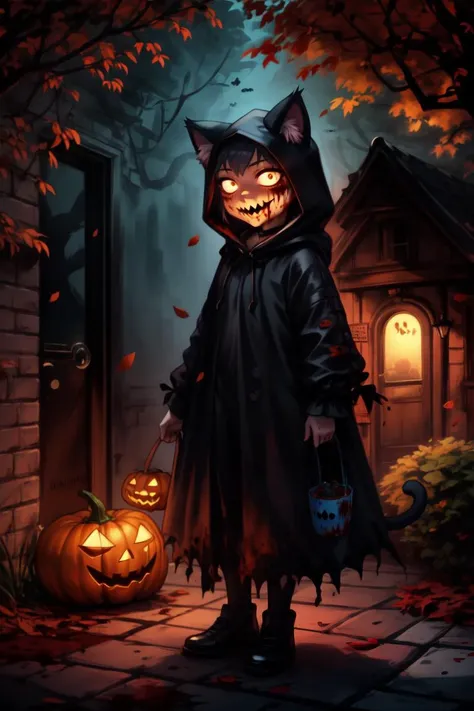 (masterpiece, best quality:1.2),digital painting of a smiling trick-or-treater girl, blood, holding a Jack-o'-lantern candy bucket, dressed in a cute cat costume with cat ears and tail, standing at the door, looking excited, cute and gothic aesthetic, by J.C. Leyendecker, halloween costume hood, Jack-o'-lantern, trick-or-treating, autumn leaves, candy pumpkins, gothic house, scary, eerie