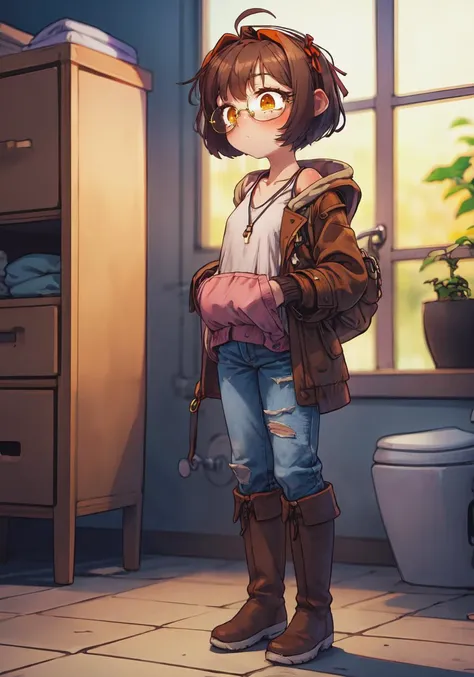 bathroom, ribbon trim, hotpink cutoff jeans, glasses, knee boots,  halterneck, gathers gold duffel coat, very short hair, (colored inner hair:1.2), (brown hair, orange hair), BREAK ((depth of field, blurry))  full body <lora:JdotKdot5_Style-000011:1:face><lora:cutestyle:0.5>