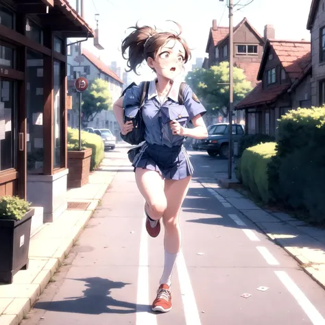 masterpiece, high quality, highly detailed, detailed background, female, girl, (sailor:0.5) (uniform:0.8), postal worker, hard working, mail bag, side bag, concerned, (running:1.1), sprinting, dash, speed, motion lines, dramatic, village, town hall, entryway, bulletin board, postal office, sunny, bright, vibrant, full body, dynamic camera