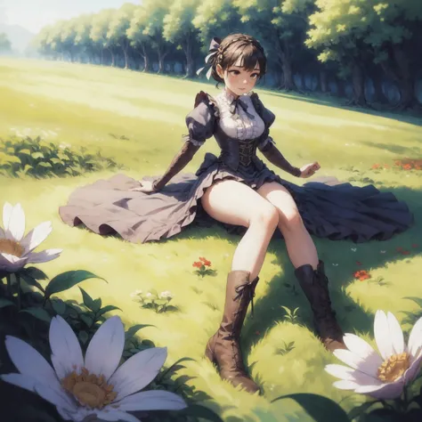 masterpiece, high quality, highly detailed, detailed background, female, girl, long dress, frills, (corset:0.6), boots, ribbons, bow, laying down, spread boidy, flowers, field, grass, medieval wear, from above, angle