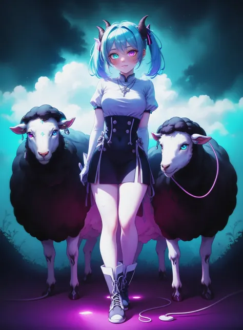 (masterpiece:1.3), (best quality:1.1), slight smile, (blue sky with white clouds:1.3), grassy plains, full_body,
1girl, bell necklace, tight sheep fluff buttoned blouse, blue hair, (twintails:1.3), (blushing:1.3), heterochromia, white shirt, (fluffy sheep horns:1.1), white strap top, brambles and ivy, purple eyes, hands behind back, (looking at viewer:1.2), head tilt, detailed eyes, detailed lips, detailed intricate clothing, black boots, white gloves,
detailed lighting, beautiful lighting, (neon lighting:1.0), (neon colors:1.0), high contrast, stylized,
extremely detailed