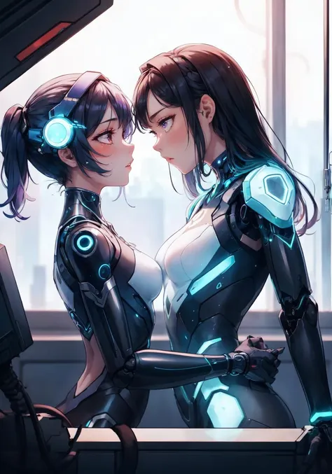 masterpiece, best quality, illustration, beautiful detailed, (2girls, multiple girls:1.10), bloom, soft, bloom, soft, masterpiece, cyborg, latex bodysuit, transparent fabric, BREAK medical facility, glass, depth of field, blurry (yuri:1.21), (vibrant colors, vivid:1.10)