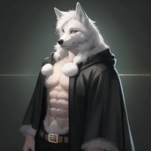 black cloak,Ruan Jia,Pino Daeni,darkgem,dimwitdog,muscular male wolf anthro, (detailed face), (detailed fluffy fur)