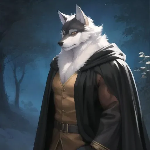 black cloak,Ruan Jia,Pino Daeni,darkgem,dimwitdog,muscular male wolf anthro, (detailed face), (detailed fluffy fur)