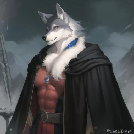 black cloak,Ruan Jia,Pino Daeni,darkgem,dimwitdog,muscular male wolf anthro, (detailed face), (detailed fluffy fur)