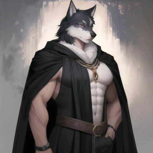 black cloak,Ruan Jia,Pino Daeni,darkgem,dimwitdog,muscular male wolf anthro, (detailed face), (detailed fluffy fur)