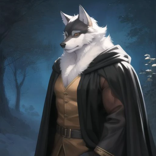 black cloak,Ruan Jia,Pino Daeni,darkgem,dimwitdog,muscular male wolf anthro, (detailed face), (detailed fluffy fur)