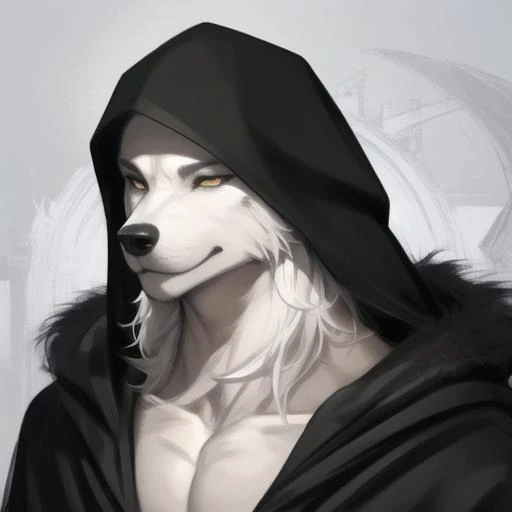 black cloak,Ruan Jia,Pino Daeni,darkgem,dimwitdog,muscular male wolf anthro, (detailed face), (detailed fluffy fur)