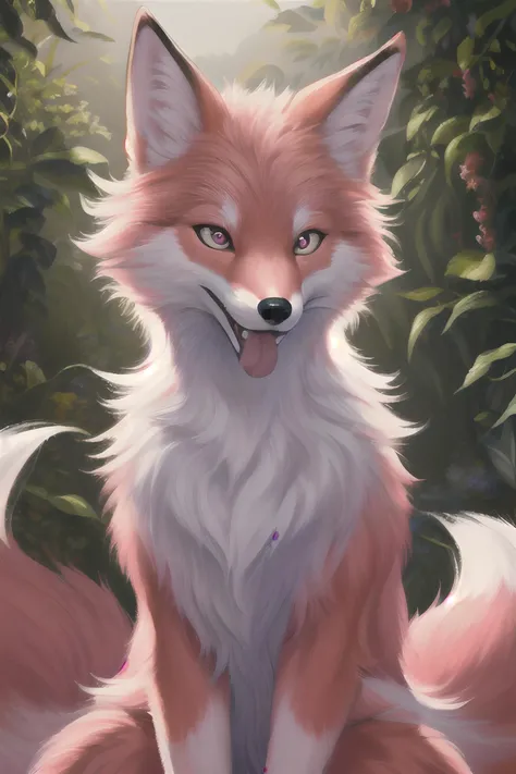 furry,  a large fullbody painting of a pink fox, smiling, showing tongue, long fluffy tail, detailed eyes, good anatomy, detailed fur, digital painting, digital drawing, 8k, high quality, high detail,  sharp focus,  crispy image, realism, semi-realism, (illustration:1.1) (best quality:1.2) (detailed) (intricate) (8k) (HDR) (cinematic lighting) (sharp focus) (color grading), saturated colors