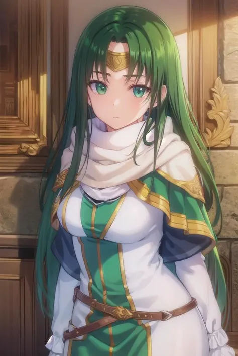 marisamarilis, <lora:maris amarilis-lora-nochekaiser:1>,
maris amarilis, long hair, (green eyes:1.5), green hair, circlet,
BREAK gloves, fingerless gloves, dress, white dress, capelet, cape, scarf, white scarf, long sleeves,
BREAK indoors, castle,
BREAK looking at viewer, (cowboy shot:1.5),
BREAK <lyco:GoodHands-beta2:1>, (masterpiece:1.2), best quality, high resolution, unity 8k wallpaper, (illustration:0.8), (beautiful detailed eyes:1.6), extremely detailed face, perfect lighting, extremely detailed CG, (perfect hands, perfect anatomy),