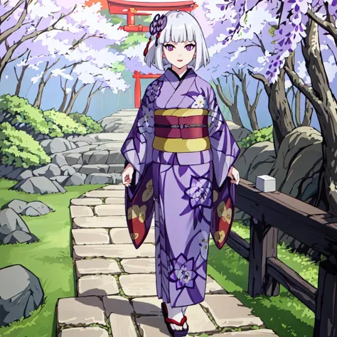 <lora:Ubuyashiki_Family-10:0.8>outdoor,forest,high quality,Masterpeace,Ubuyashiki_Family, 1girl, solo, short hair, hair ornament, flower, white hair, japanese clothes, blunt bangs, kimono, sash, makeup, obi, floral print, bob cut, lipstick, red lips, print kimono, ringed eyes, purple kimono, purple eyes, sandals