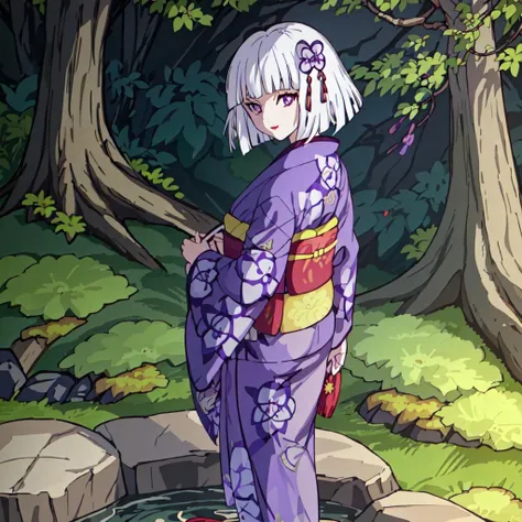 <lora:Ubuyashiki_Family-10:1>outdoor,forest,high quality,Masterpeace,Ubuyashiki_Family, 1girl, solo, short hair, hair ornament, flower, white hair, japanese clothes, blunt bangs, kimono, sash, makeup, obi, floral print, bob cut, lipstick, red lips, print kimono, ringed eyes, purple kimono, purple eyes, sandals