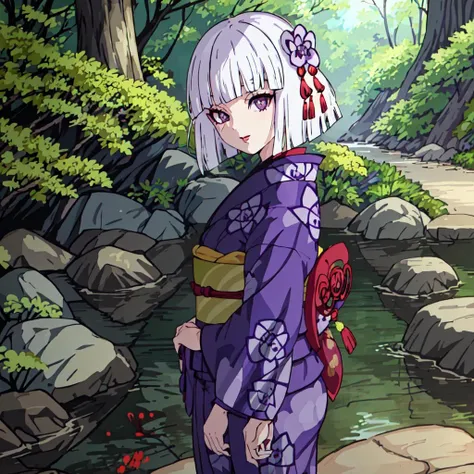 <lora:Ubuyashiki_Family-10:1>outdoor,forest,high quality,Masterpeace,Ubuyashiki_Family, 1girl, solo, short hair, hair ornament, flower, white hair, japanese clothes, blunt bangs, kimono, sash, makeup, obi, floral print, bob cut, lipstick, red lips, print kimono, ringed eyes, purple kimono, purple eyes, sandals