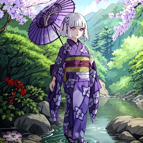 <lora:Ubuyashiki_Family-10:1>outdoor,forest,high quality,Masterpeace,Ubuyashiki_Family, 1girl, solo, short hair, hair ornament, flower, white hair, japanese clothes, blunt bangs, kimono, sash, makeup, obi, floral print, bob cut, lipstick, red lips, print kimono, ringed eyes, purple kimono, purple eyes, sandals