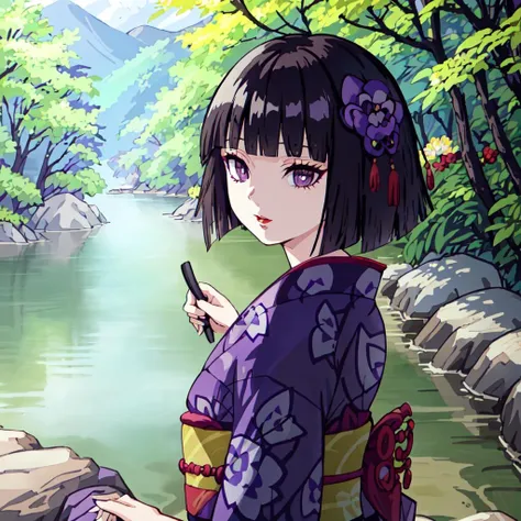 <lora:Ubuyashiki_Family-10:1>outdoor,forest,high quality,Masterpeace,Ubuyashiki_Family, 1girl, solo, short hair, hair ornament, flower, black hair, japanese clothes, blunt bangs, kimono, sash, makeup, obi, floral print, bob cut, lipstick, red lips, print kimono, ringed eyes, purple kimono, purple eyes, sandals