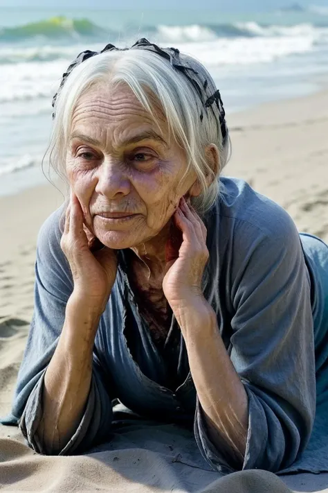 fisiculturista), ((cabelos grisalhos)), ((78 anos)), Realistic,  na praia de topless, uma mulher madura e musculosa, Fundo desfocado, cinemactic, cor kodak, wide angle, ((hiper-realismo)), ((8k)),