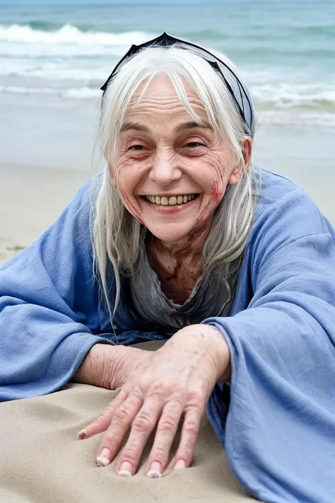 <lora:RPGHag:1> (old woman:1.2), (hag:1.2), (wrinkles:1.2), (1girl:1.1), at the beach, laughing, resting and relaxing, having a good time, white hair, blood on hands, looking peaceful and rested, ((wrinkled skin)), best quality,<lora:add_detail:0.25>