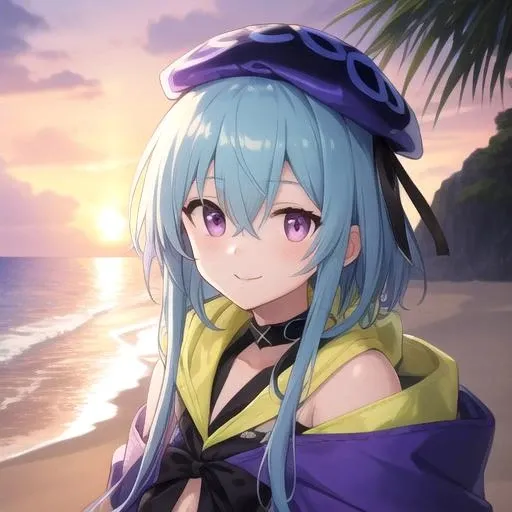 ((masterpiece)),(best quality),official art,extremely detailed CG,unity 8k wallpaper,ultra detailed,beautiful purple sunset at beach,1boy,solo,upper body,(portrait:1.2),mizuki (arknights),otoko no ko,smile,looking at viewer,black belt,black collar,blue shirt,jellyfish hair ornament,bangs,bare shoulders,beret,black choker,black footwear,black pantyhose,black ribbon,hooded jacket,black shorts,elbow gloves,gradient hair,purple hoodie,blue cloak,blue hair,blue headwear,boots,clothing cutout,hair between eyes,hat ribbon,short hair with long locks,shoulder cutout,violet eyes,<lora:Mizuki(ark)>,