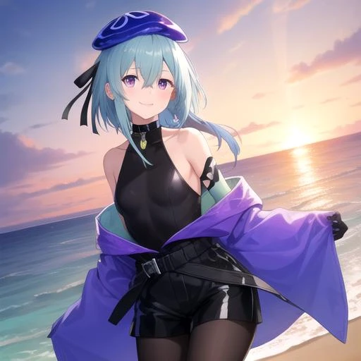 The ultra -The high-definition、high-level image quality、top-quality、Full limbs、complete fingers、Beautuful Women、1 persons、embarassed expression、ssmile、hair pin、White School Swimsuit、knee high、Indentation、Bery short hair、standingn、Grow legs、Summer Beach、cinematlic lighting、Japanese anime