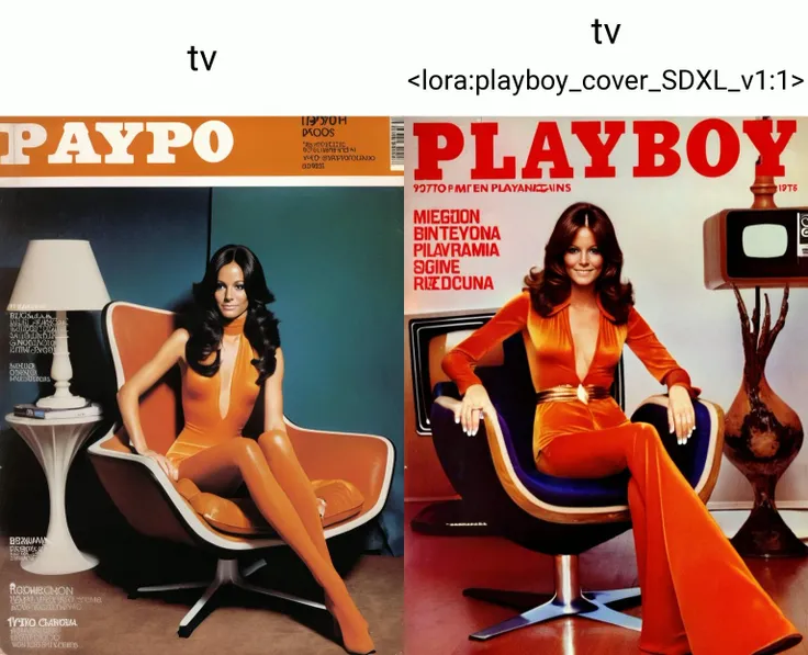 woman posing on a (1970s:2) playboy magazine cover, sitting on a chair in a room with a tv