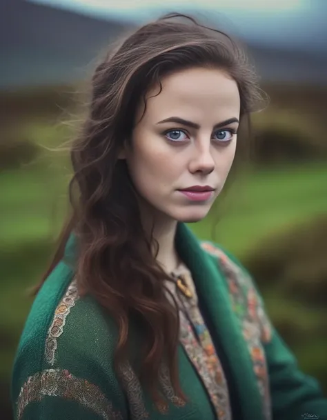KayaScodelario,<lora:KayaScodelarioSDXL:1>,candid shot, An Irish girl, style of spirit of Ireland, celticpunk, gaelic, surroundings of Connemara, irish spring colour, insane details, intricate details, hyperdetailed, bokeh, rainy and sunlight, vibrant colors, Nikon D800, 85mm, f1.4,