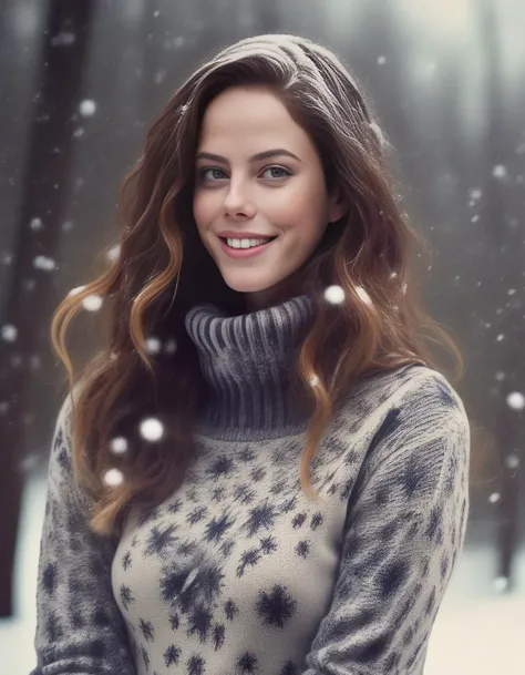 KayaScodelario,<lora:KayaScodelarioSDXL:1>,Full Body, photograph of, a happy woman smiling, long brunette hair with blonde highlights enjoying a snowy day outside, wearing a turtle neck sweater, snowing, snow in hair, masterpiece, UHD, dark, moody