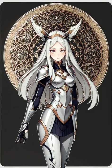 <lora:å¡çèºæ¯2:0.6> card border, cowboy shot, Card design,, ultra detailed, masterpiece, best quality, aesthetic, detailed,, serious, 1girl, (white eyes:1.1), (grey eyes:1.3), white hair, very long hair, parted hair, parted bangs, <lora:parted_hair_v1.3:1.3>, medium breasts,, valkyrie, (bodysuit:1.1), pink wing hair ornament, grey armored skirt, black bodysuit, armor, gauntlets, pink breastplate, greaves, armored dress, pink hues,
