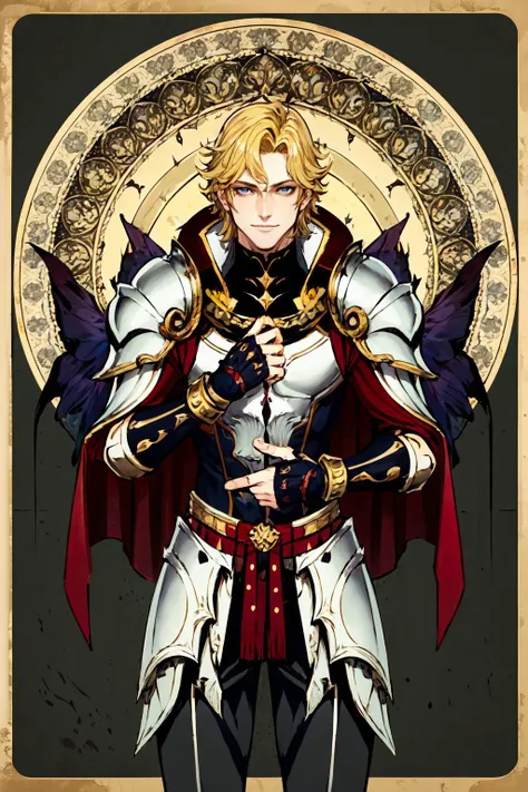 <lora:å¡çèºæ¯2:0.6> card border, cowboy shot, Card design,, ultra detailed, masterpiece, best quality, aesthetic, detailed,, solo, smile, 1boy, blue eyes, medium blonde hair, parted bangs, hair intakes, male focus, muscular male,, armor, pauldrons, cuirass, gauntlets, waist cape, greaves, black bodysuit, surcoat, shoulder sash, wing shoulder armor, cape, pants,
