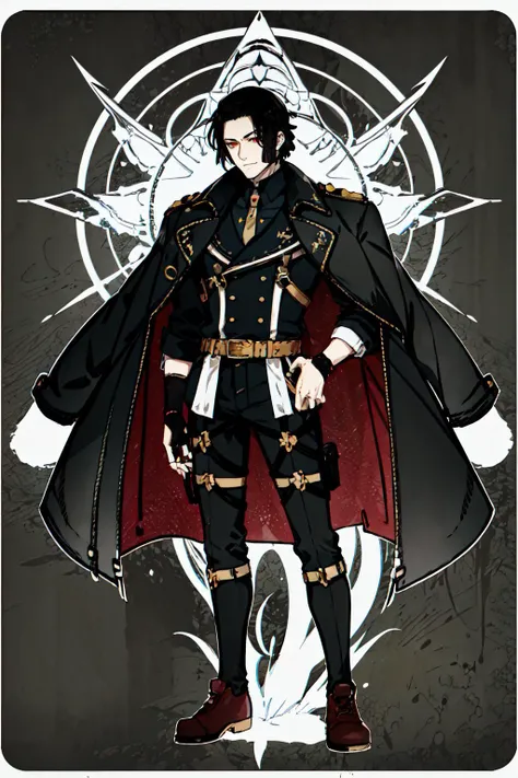 <lora:å¡çèºæ¯2:0.6> card border, cowboy shot, Card design,, ultra detailed, masterpiece, best quality, aesthetic, detailed,, solo, smug smile, 1boy, red eyes, <lora:Tsurime3:0.7>, (tsurime:1.2), black hair, undercut, top knot, parted bangs, long bangs, bangs, short hair, hair intakes, tall,, <lora:StS-Coat-and-Jacket-On-Shoulders-Iteration2:0.7> dataset, jacket on shoulders, (coat on shoulders:1.3), black coat, dress shirt, sleeves rolled up, fingerless gloves, holster, pants, belt, multiple belts, combat boots, bulletproof vest, tactical clothes,