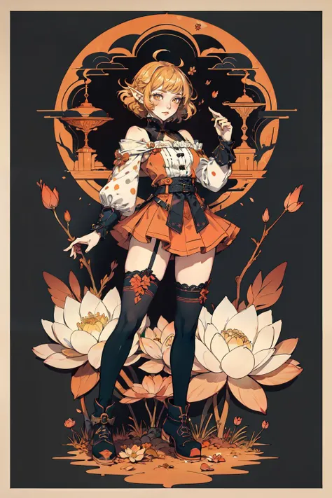 (masterpiece, best quality, hires, high resolution:1.2),card border,HEZI,Card design,1girl,curly hair,yellow hair,ahoge,bangs,bob cut,elf ears,orange eyes,lace-trimmed_dress,miniskirt,polka_dot_legwear,full_body,dynamic pose,cherry_blossoms,lotus,flowers,<lora:å¡çèºæ¯2:0.4>,bloodstainai,<lora:Bloodstainai:0.7>,