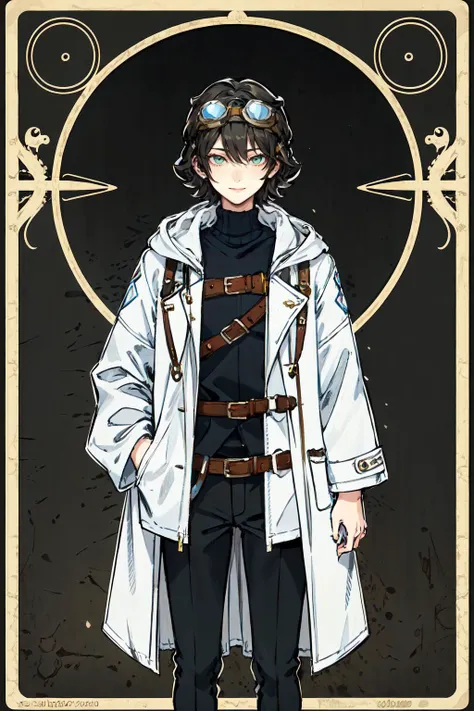 <lora:å¡çèºæ¯2:0.6> card border, cowboy shot, Card design, white and blue theme,, ultra detailed, masterpiece, best quality, aesthetic, detailed,, ultra detailed, masterpiece, best quality, solo, smile, 1boy, green eyes, short hair, black hair, bangs, hair between eyes, messy hair, (goggles on head:1.2),, headband, white coat, hooded coat, hood down, open coat, turtleneck, capri pants, pants, black knee boots,