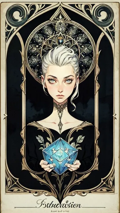 (Best Quality, Masterpiece), 1 Girl, single hair, rock formations, stone, Tarot cards, devil, Medium Tits, Woman holding a magic book