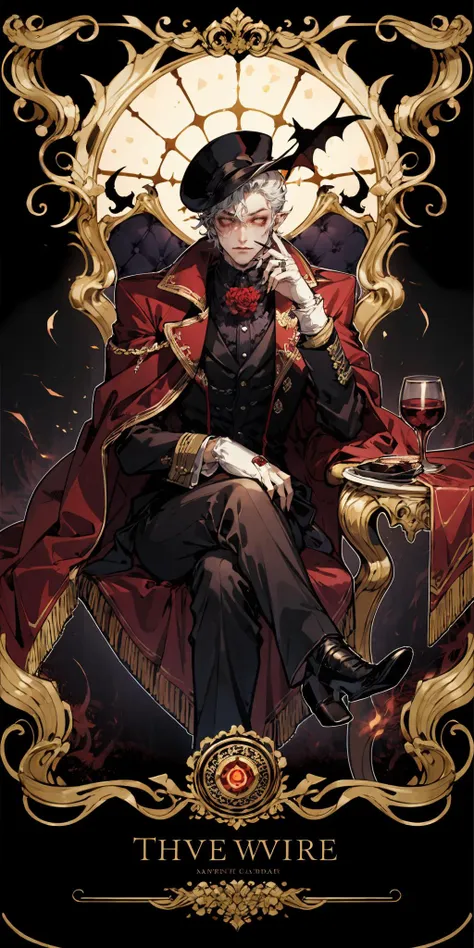 HEZI,Card design,cup,candle,ring,hat,holding,vampire,sitting,bat \(animal\),solo,top hat,jewelry,candlestand,male focus,1boy,red eyes,plate,holding cup,crossed legs,table,food,window,indoors,brooch,black headwear,fingernails,wine glass,drinking glass,chair,glowing,long fingernails,rose,flower,looking at viewer,claws,fork,meat,skeleton,fire,glowing eyes,sharp fingernails,cape,bone,teacup,gem,skull,frills,night,gloves,knife,formal,mask,long sleeves,no humans,red rose,red cape,cake,wine,jacket,white gloves,flame,pointy ears,pants,teapot,red flower,red gemstone,thumb ring,suit,candlelight,<lora:å¡çèºæ¯2-000010:0.65>,