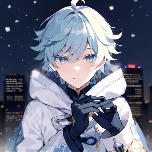 <lora:chongyun:1>,colorful, [[round image]:(fading border, ice, snowflake:1.1):0.4], [(white background:1.1):4], solo, cutout,[(1boy, blue_eyes, white hair, short,huge ahoge, [hair between eyes], winter coat, fur-trimmed collar, fur-trimmed coat, long sleeves, gloves, black leggings, light smile, closed mouth,(beautiful detailed face:1.1), (beautiful detailed eyes:1.14),(night:1.2), starry sky, snowing, winter, snowflake, skyscraper, depth of field, ):3],1boy