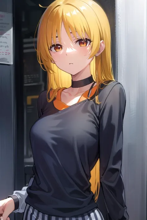 seikaijichi, <lyco:seikaijichi-lyco-nochekaiser:1>, 
seika ijichi, ahoge, blonde hair, yellow hair, long hair, (orange eyes:1.5), parted bangs, sidelocks,
BREAK black footwear, black shirt, choker, high heels, long sleeves, pants, shirt, striped, striped pants, vertical stripes, vertical-striped pants,
BREAK indoors, club,
BREAK looking at viewer, (cowboy shot:1.5), 
BREAK <lyco:GoodHands-beta2:1>, (masterpiece:1.2), best quality, high resolution, unity 8k wallpaper, (illustration:0.8), (beautiful detailed eyes:1.6), extremely detailed face, perfect lighting, extremely detailed CG, (perfect hands, perfect anatomy),