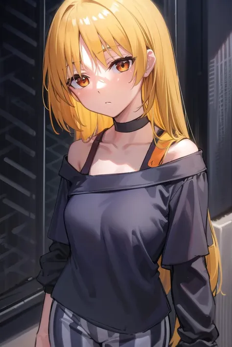 seikaijichi, <lyco:seikaijichi-lyco-nochekaiser:1>, 
seika ijichi, ahoge, blonde hair, yellow hair, long hair, (orange eyes:1.5), parted bangs, sidelocks,
BREAK black footwear, black shirt, choker, high heels, long sleeves, pants, shirt, striped, striped pants, vertical stripes, vertical-striped pants,
BREAK indoors, club,
BREAK looking at viewer, (cowboy shot:1.5), 
BREAK <lyco:GoodHands-beta2:1>, (masterpiece:1.2), best quality, high resolution, unity 8k wallpaper, (illustration:0.8), (beautiful detailed eyes:1.6), extremely detailed face, perfect lighting, extremely detailed CG, (perfect hands, perfect anatomy),