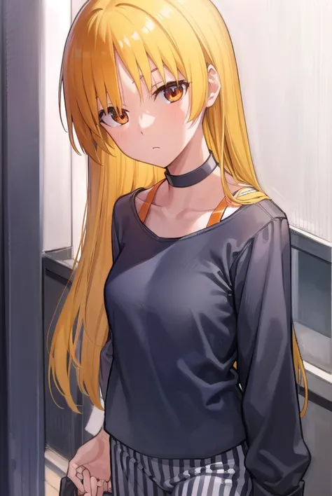 seikaijichi, <lyco:seikaijichi-lyco-nochekaiser:1>, 
seika ijichi, ahoge, blonde hair, yellow hair, long hair, (orange eyes:1.5), parted bangs, sidelocks,
BREAK black footwear, black shirt, choker, high heels, long sleeves, pants, shirt, striped, striped pants, vertical stripes, vertical-striped pants,
BREAK indoors, club,
BREAK looking at viewer, (cowboy shot:1.5), 
BREAK <lyco:GoodHands-beta2:1>, (masterpiece:1.2), best quality, high resolution, unity 8k wallpaper, (illustration:0.8), (beautiful detailed eyes:1.6), extremely detailed face, perfect lighting, extremely detailed CG, (perfect hands, perfect anatomy),