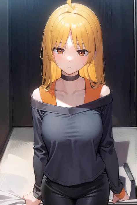 seikaijichi, <lyco:seikaijichi-lyco-nochekaiser:1>, 
seika ijichi, ahoge, blonde hair, yellow hair, long hair, (orange eyes:1.5), parted bangs, sidelocks,
BREAK black footwear, black shirt, choker, high heels, long sleeves, pants, shirt, striped, striped pants, vertical stripes, vertical-striped pants,
BREAK indoors, club,
BREAK looking at viewer, (cowboy shot:1.5), 
BREAK <lyco:GoodHands-beta2:1>, (masterpiece:1.2), best quality, high resolution, unity 8k wallpaper, (illustration:0.8), (beautiful detailed eyes:1.6), extremely detailed face, perfect lighting, extremely detailed CG, (perfect hands, perfect anatomy),