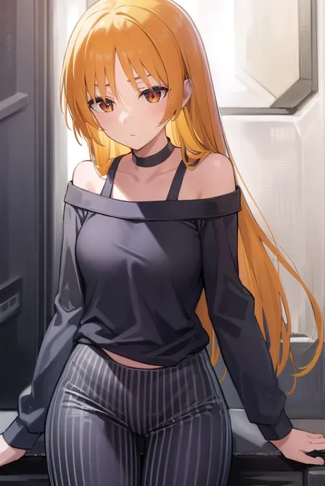 seikaijichi, <lyco:seikaijichi-lyco-nochekaiser:1>, 
seika ijichi, ahoge, blonde hair, yellow hair, long hair, (orange eyes:1.5), parted bangs, sidelocks,
BREAK black footwear, black shirt, choker, high heels, long sleeves, pants, shirt, striped, striped pants, vertical stripes, vertical-striped pants,
BREAK indoors, club,
BREAK looking at viewer, (cowboy shot:1.5), 
BREAK <lyco:GoodHands-beta2:1>, (masterpiece:1.2), best quality, high resolution, unity 8k wallpaper, (illustration:0.8), (beautiful detailed eyes:1.6), extremely detailed face, perfect lighting, extremely detailed CG, (perfect hands, perfect anatomy),