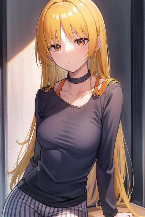 seikaijichi, <lyco:seikaijichi-lyco-nochekaiser:1>, 
seika ijichi, ahoge, blonde hair, yellow hair, long hair, (orange eyes:1.5), parted bangs, sidelocks,
BREAK black footwear, black shirt, choker, high heels, long sleeves, pants, shirt, striped, striped pants, vertical stripes, vertical-striped pants,
BREAK indoors, club,
BREAK looking at viewer, (cowboy shot:1.5), 
BREAK <lyco:GoodHands-beta2:1>, (masterpiece:1.2), best quality, high resolution, unity 8k wallpaper, (illustration:0.8), (beautiful detailed eyes:1.6), extremely detailed face, perfect lighting, extremely detailed CG, (perfect hands, perfect anatomy),