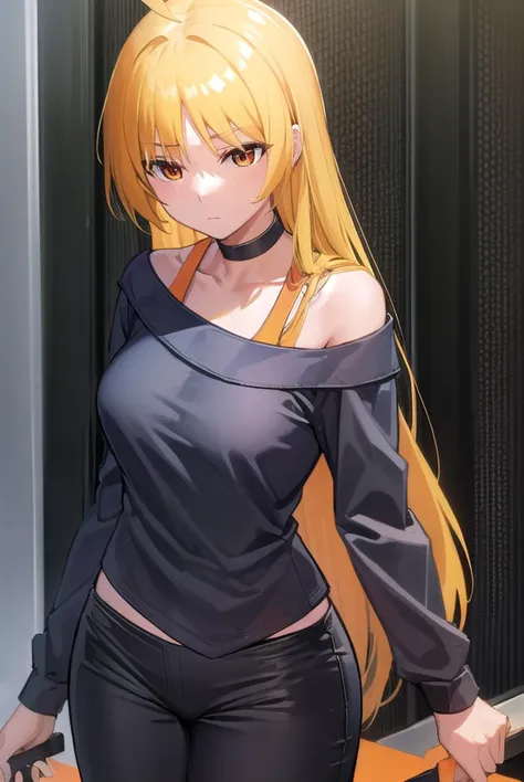 seikaijichi, <lyco:seikaijichi-lyco-nochekaiser:1>, 
seika ijichi, ahoge, blonde hair, yellow hair, long hair, (orange eyes:1.5), parted bangs, sidelocks,
BREAK black footwear, black shirt, choker, high heels, long sleeves, pants, shirt, striped, striped pants, vertical stripes, vertical-striped pants,
BREAK indoors, club,
BREAK looking at viewer, (cowboy shot:1.5), 
BREAK <lyco:GoodHands-beta2:1>, (masterpiece:1.2), best quality, high resolution, unity 8k wallpaper, (illustration:0.8), (beautiful detailed eyes:1.6), extremely detailed face, perfect lighting, extremely detailed CG, (perfect hands, perfect anatomy),