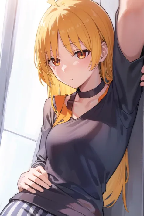 seikaijichi, <lyco:seikaijichi-lyco-nochekaiser:1>, 
seika ijichi, ahoge, blonde hair, yellow hair, long hair, (orange eyes:1.5), parted bangs, sidelocks,
BREAK black footwear, black shirt, choker, high heels, long sleeves, pants, shirt, striped, striped pants, vertical stripes, vertical-striped pants,
BREAK indoors, club,
BREAK looking at viewer, (cowboy shot:1.5), 
BREAK <lyco:GoodHands-beta2:1>, (masterpiece:1.2), best quality, high resolution, unity 8k wallpaper, (illustration:0.8), (beautiful detailed eyes:1.6), extremely detailed face, perfect lighting, extremely detailed CG, (perfect hands, perfect anatomy),