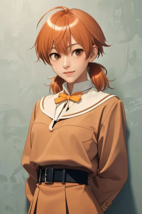 absurdres, highres, ultra detailed, solo, 1girl, upper body, <lora:00L0fT0k0j0C:1>, (brown eyes, ahoge, short twintails, low twintails, orange hair:1.4), flat chest, small breasts, BREAK school uniform, white sailor collar, BREAK brown jacket, brown sleeves, BREAK yellow bow, yellow ribbon, BREAK black shirt, black skirt, belt, CUTE SMILE