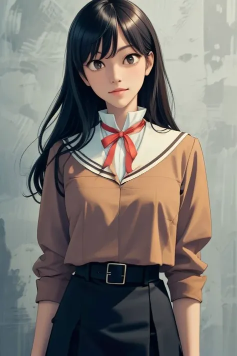 absurdres, highres, ultra detailed, solo, 1girl, <lora:00L0fT0k0j0C:1>, (gray eyes, bangs, long hair, black hair:1.4), large breasts, BREAK school uniform, white sailor collar, BREAK brown jacket, brown sleeves, BREAK red bow, red ribbon, BREAK black shirt, black skirt, belt,cute smile