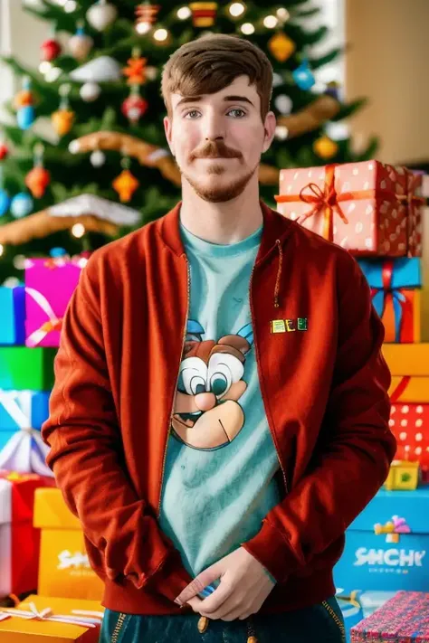 a charming man, standing by a stack of gifts, [upper body], (close up), 8k, raw, uhd, fujifilm x-t3, ((candid, amateur)), <lora:mrBeast:1>