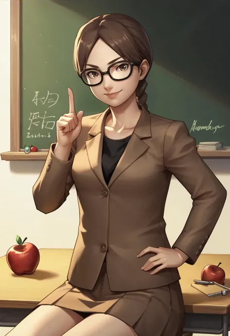 score_9, score_8_up, score_7_up, source_anime, 1girl, sitting, looking at viewer, smile, hand on hip, <lora:zs_UsamiXL:1> usamip5, brown hair, brown eyes, braid, glasses, blazer, skirt, index finger raised, desk, chalkboard, apple, math