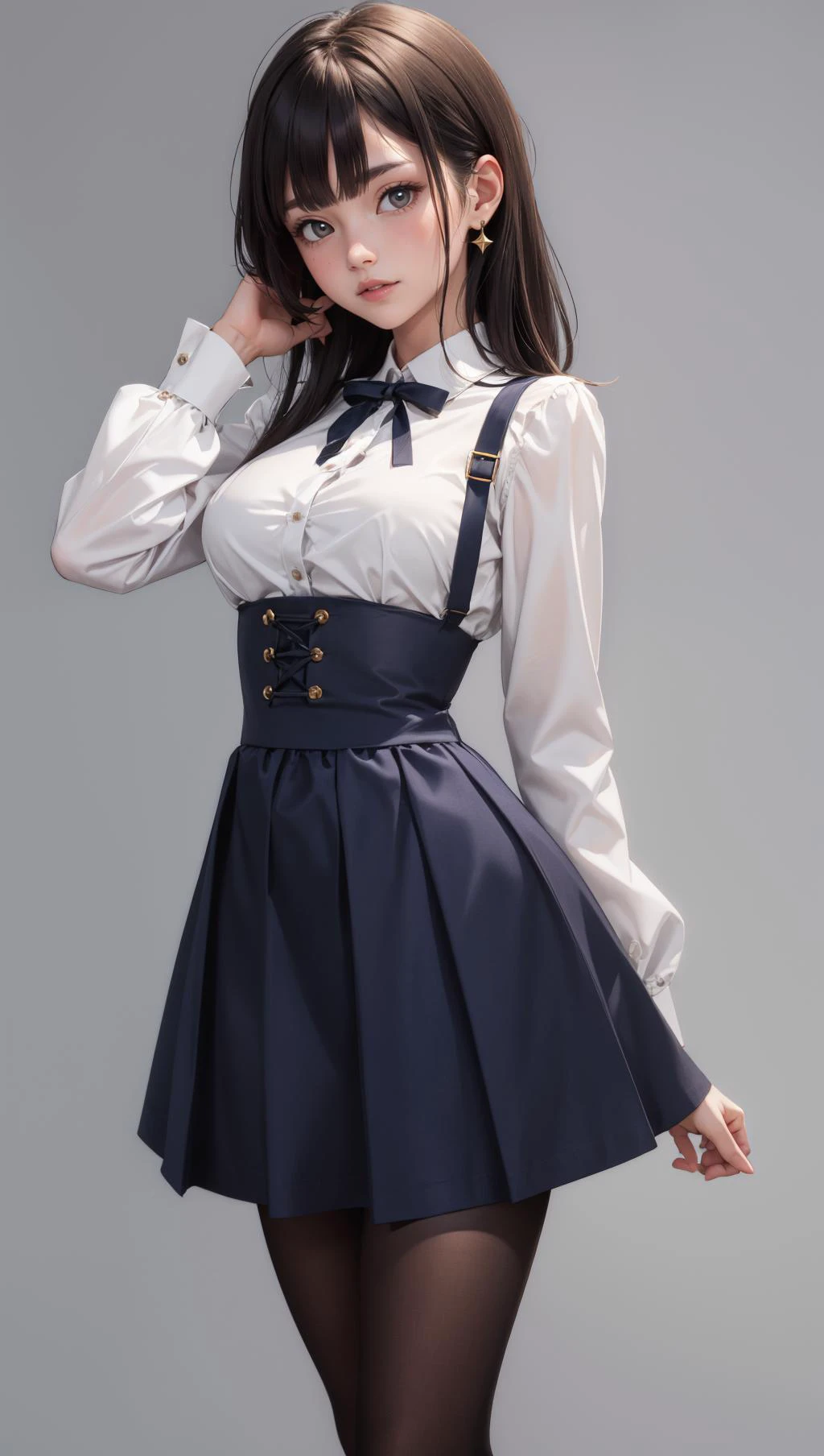 virgin killer outfit,high-waist skirt,standing,pantyhose,cowboy shot,grey background,<lora:virgin_killer_outfit:1>,